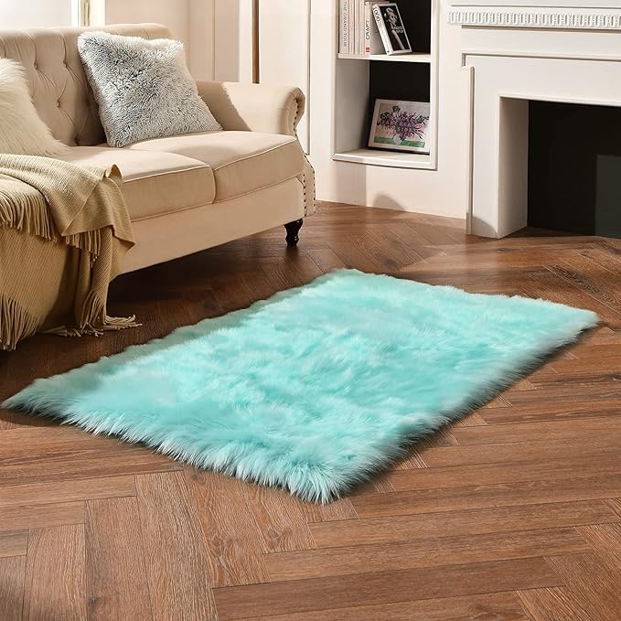 duduta Turquoise Blue Faux Sheepskin Fur Rug 3x5 ft, Fluffy Shag Bedroom Dorm - Image 3