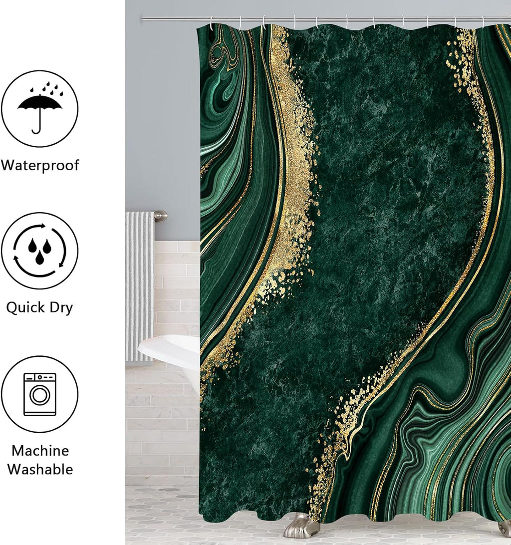 Gibelle 4 Pcs Luxury Marble Shower Curtain Set with Non-Slip Rugs, Toilet Lid Cover and Bath Mat, Gold Foil Emerald Green Bathroom Decor Set with Shower Curtain and Rugs and Accessories