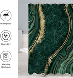 Gibelle 4 Pcs Luxury Marble Shower Curtain Set with Non-Slip Rugs, Toilet Lid Cover and Bath Mat, Gold Foil Emerald Green Bathroom Decor Set with Shower Curtain and Rugs and Accessories