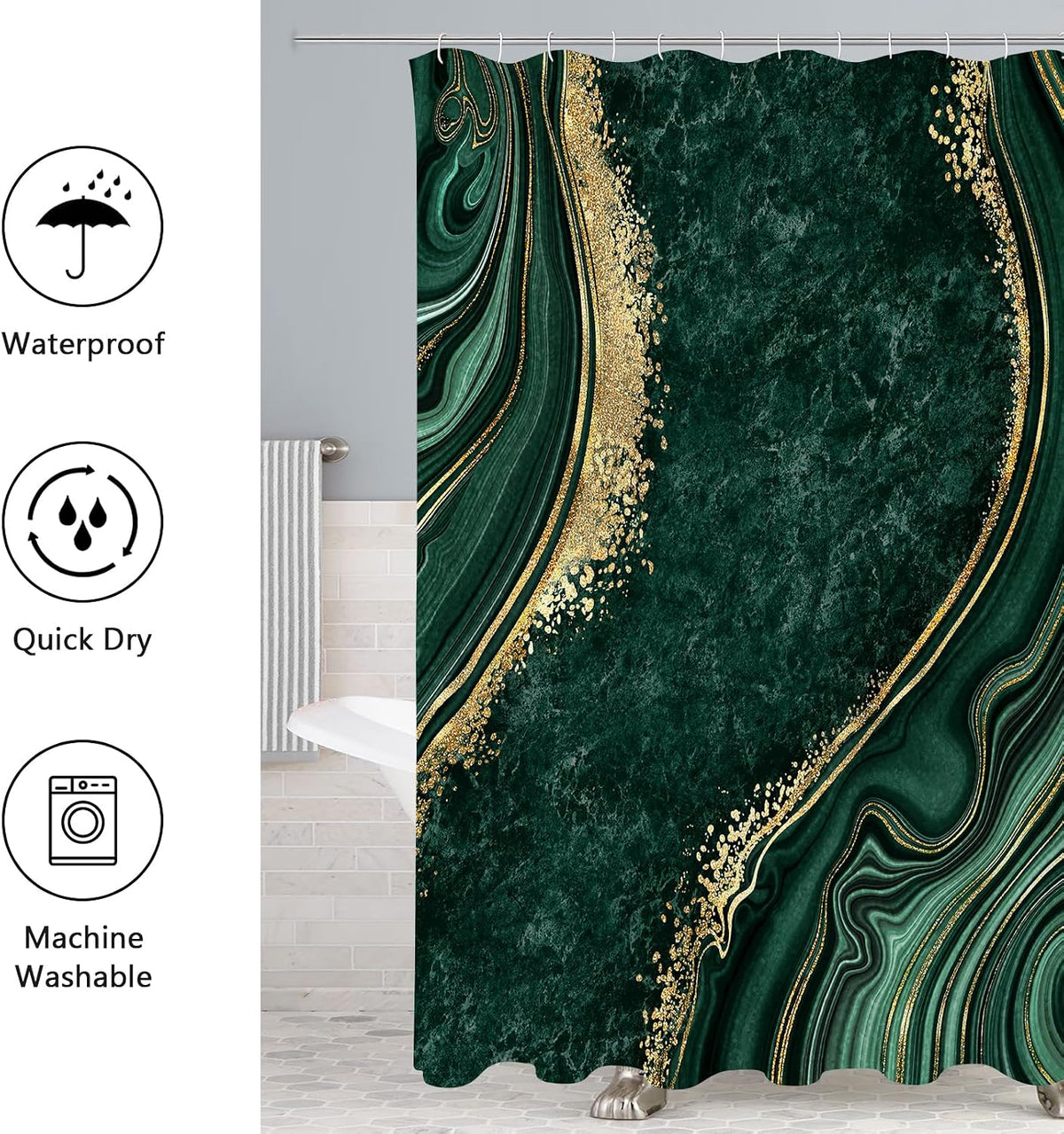 Gibelle 4 Pcs Luxury Marble Shower Curtain Set with Non-Slip Rugs, Toilet Lid Cover and Bath Mat, Gold Foil Emerald Green Bathroom Decor Set with Shower Curtain and Rugs and Accessories