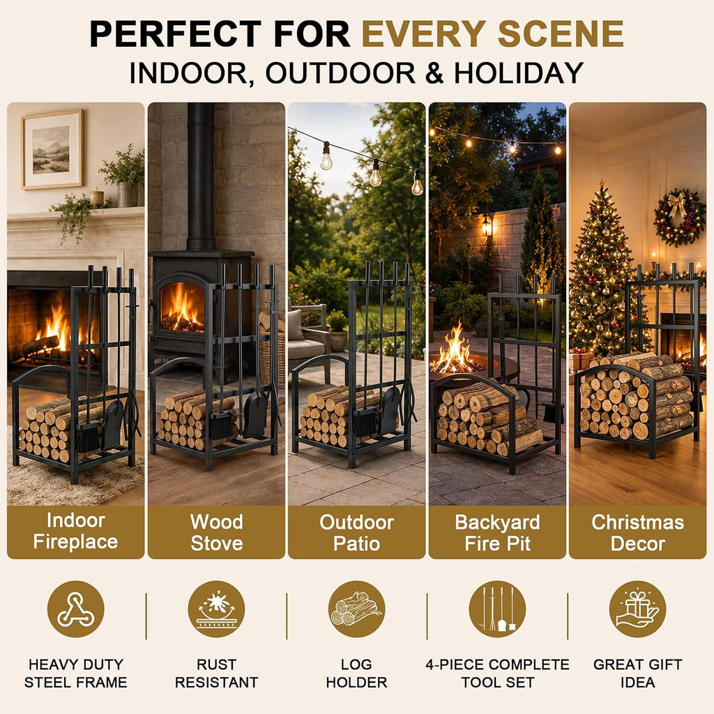 Fireplace Tools Set with Log Rack Holder, Heavy-Duty Steel Frame