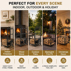Fireplace Tools Set with Log Rack Holder, Heavy-Duty Steel Frame