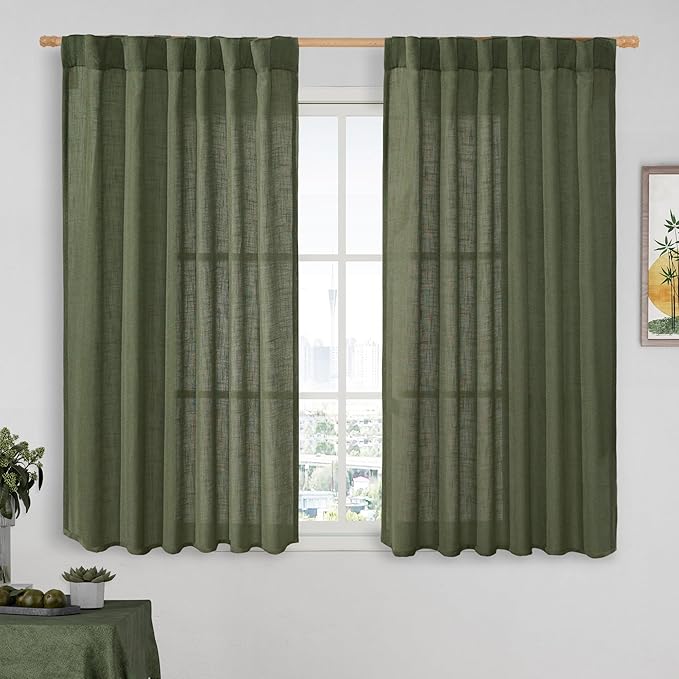LAMIT Olive Green Light Filtering Linen Curtains 54 inches Long by LAMIT