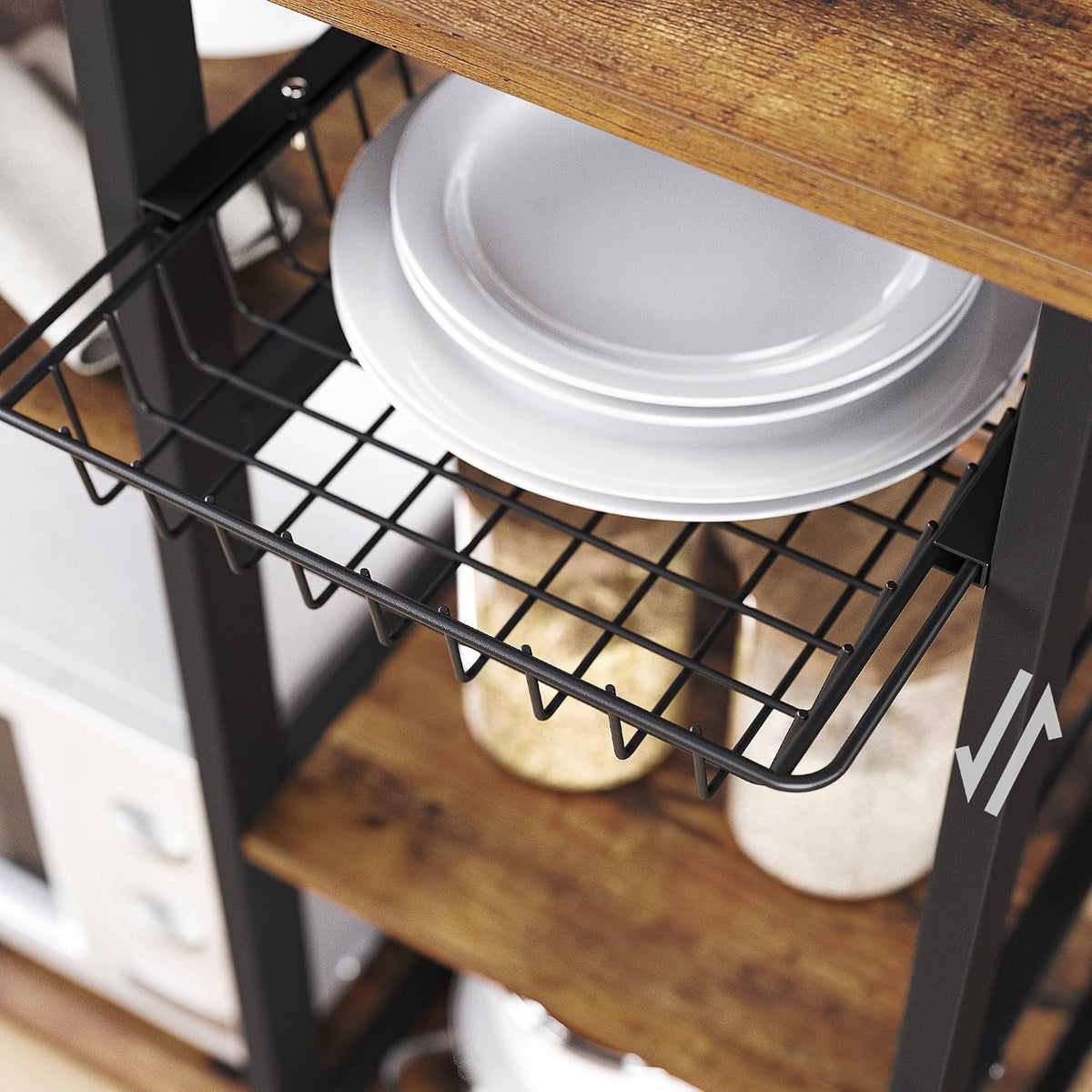 VASAGLE Kitchen Baker’s Rack, Steel Frame, Wire Basket, 6 Hooks