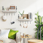 Floating Wall Shelves for Kitchen Bathroom Coffee Nook with 10 Adjustable Hooks for Mugs Cooking Utensils or Towel Rustic Storage Shelves Set of 2/17x5.9 inch (White)