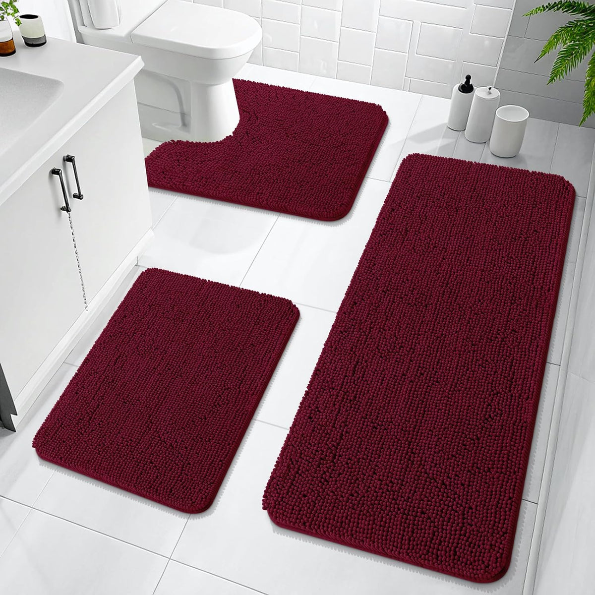 OLANLY Chenille Bathroom Rugs Sets 3 Piece, 30"x20"+24"x16"+24"x20", Grey