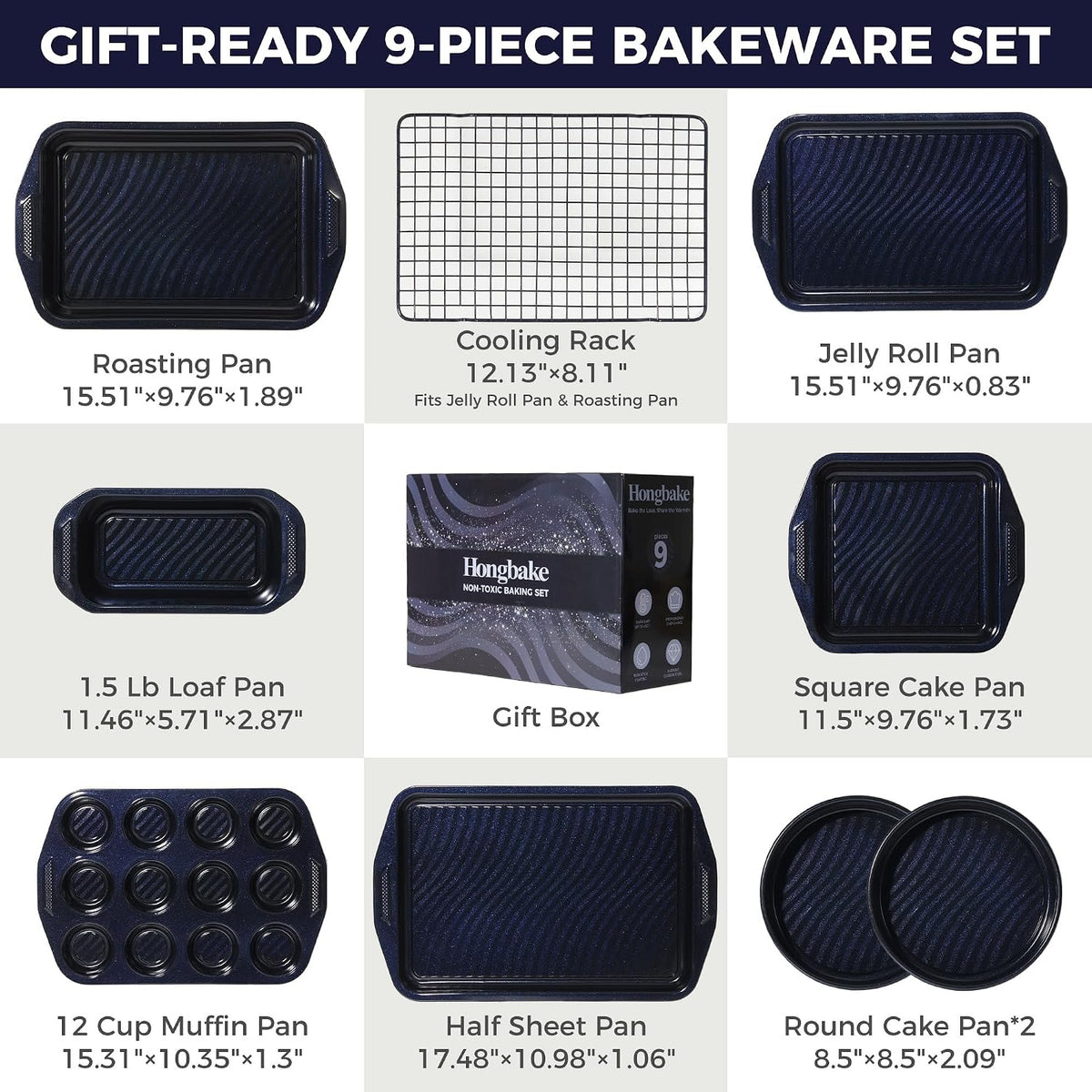 9-Piece Nonstick Bakeware Set, Non-Toxic Baking Pans Set, Shimmer Blue
