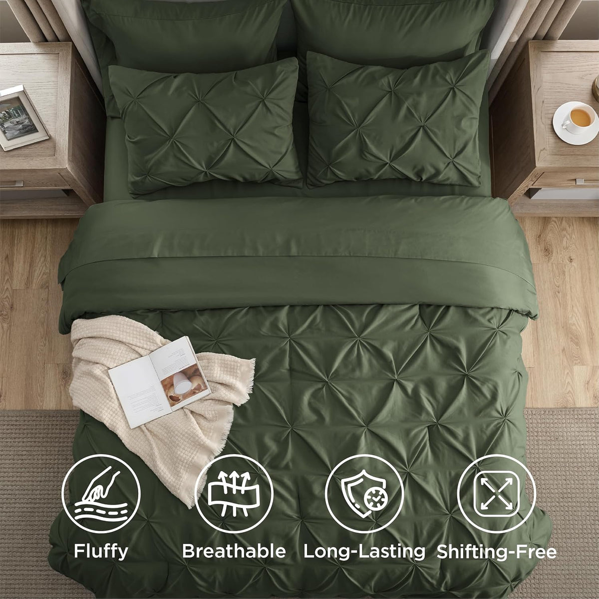 Bedsure 7-Piece Olive Green Comforter & Sheet Set, Queen Bed in a Bag