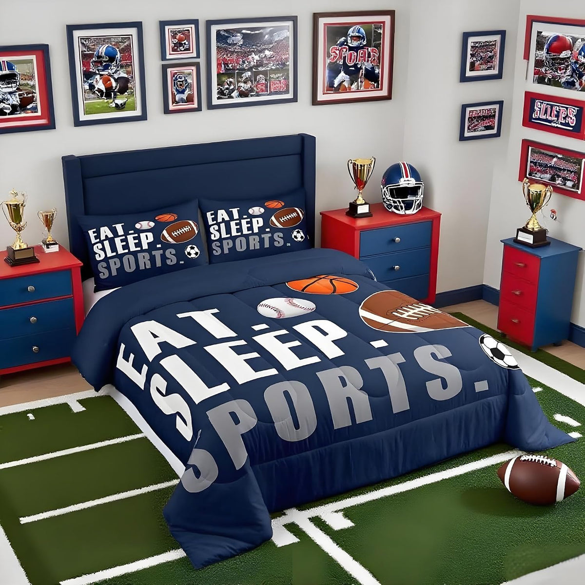 Feelyou Football Comforter Set Twin Size Kids Basketball Baseball Soccer Comforter for Boys Girls Sports Theme Bedding Set Breathable Soft Navy Blue Duvet Quilted Ball Game Room Decor