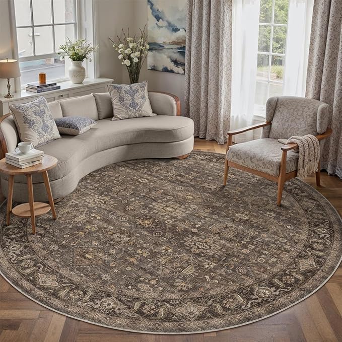 8x8 Washable Round Rug for Living Room Bedroom Vintage Brown Non Slip Carpet - Image 3