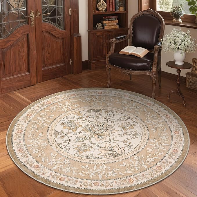 GarveeHome Pinkish Brown Botanical Grove 4ft Round Rug, Small Circle Vintage - Image 3