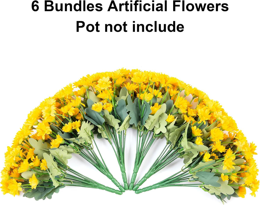 Daisy Artificial Flowers for Outdoors Fall Autumn Decoration, 6 Bundles Fake Mums Yellow Silk Flowers for Outside Look Real UV Resistant Faux Flowers Plants for Planter Front Door Home Indoor Porch