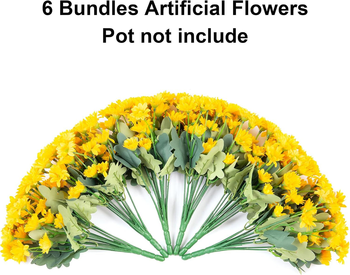Daisy Artificial Flowers for Outdoors Fall Autumn Decoration, 6 Bundles Fake Mums Yellow Silk Flowers for Outside Look Real UV Resistant Faux Flowers Plants for Planter Front Door Home Indoor Porch