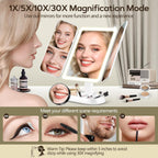 GOMIPURU Vanity Mirror with Lights, Lighted Makeup Mirror with 30X/10X/5X Magnification, Rechargeable Trifold Mirror with 3 Color&Adjustable Brightness, Travel Makeup Mirror with Lights for Desk,Gifts