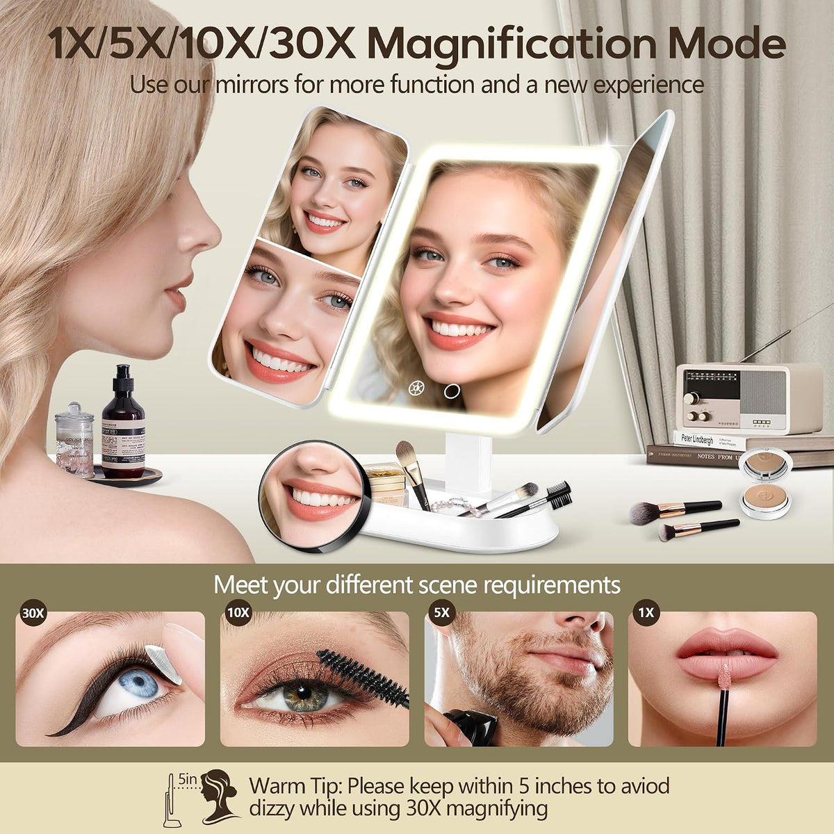 GOMIPURU Vanity Mirror with Lights, Lighted Makeup Mirror with 30X/10X/5X Magnification, Rechargeable Trifold Mirror with 3 Color&Adjustable Brightness, Travel Makeup Mirror with Lights for Desk,Gifts