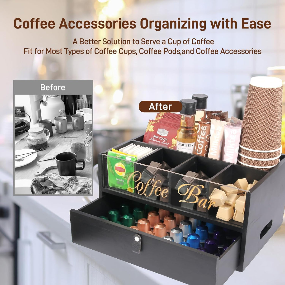 2-Tier Coffee Bar Organizer with Clear Acrylic Top, Built-in Drawer and Leather Handle Pull for Countertop, Stylish Coffee Station Storage Box for Accessories, Pods, Great Gifts for Home
