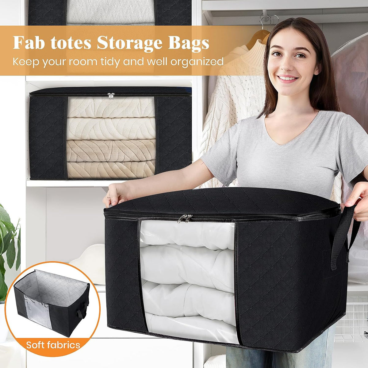 Fab totes 6 Pack Storage Bags for Clothes Blanket Storage Bins with Lids