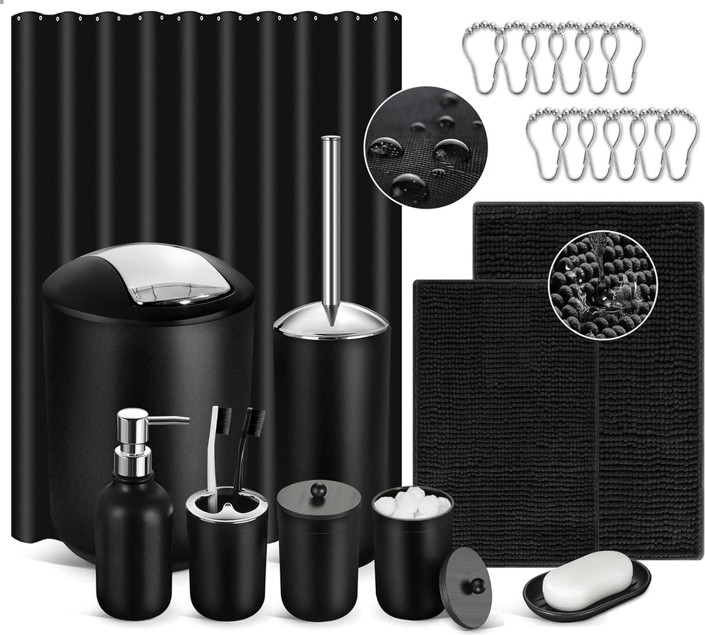 Black Bathroom Accessories Set, 23Pcs Bath Accessory Sets Complete with Bathtub Mat, Shower Curtain Set with Hooks, Soap Dispenser, Toothbrush Holder, Qtip Holder, Trash Can, Toilet Brush