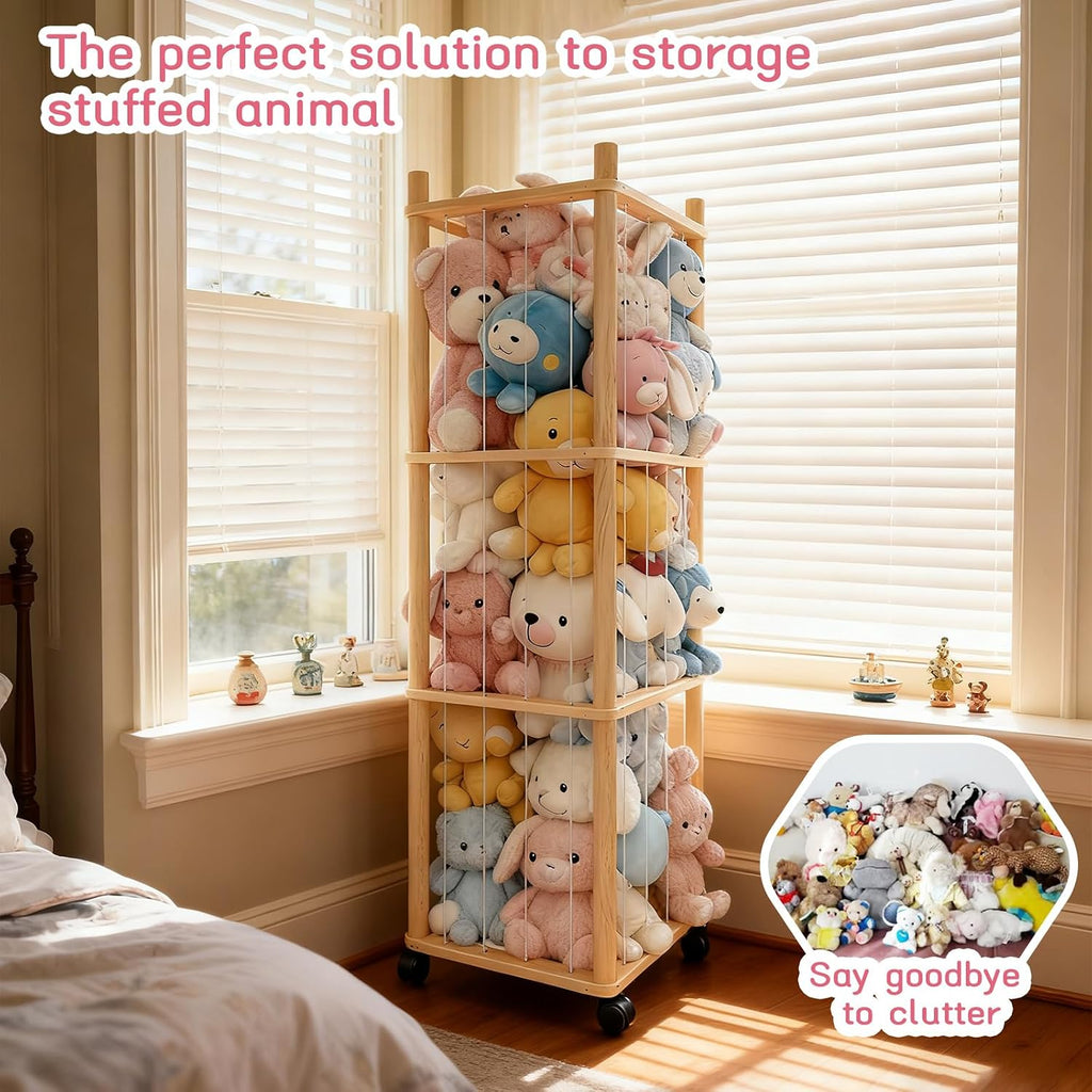 Stuffed Animal Zoo Storage with Lockable Wheels, Natural Wood