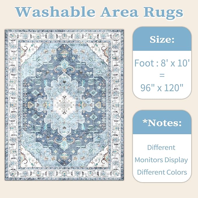 SERISSA Boho 8x10 Area Rugs Blue, Washable Vintage Large Living Room Rug - Image 7