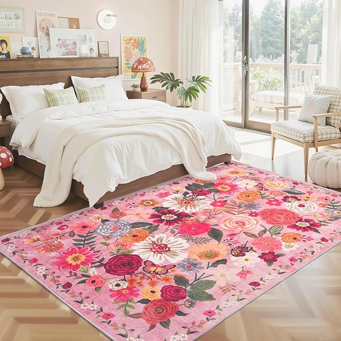Floral Washable 6x9 Area Rugs Pink, Soft Bedroom Rug - Image 4