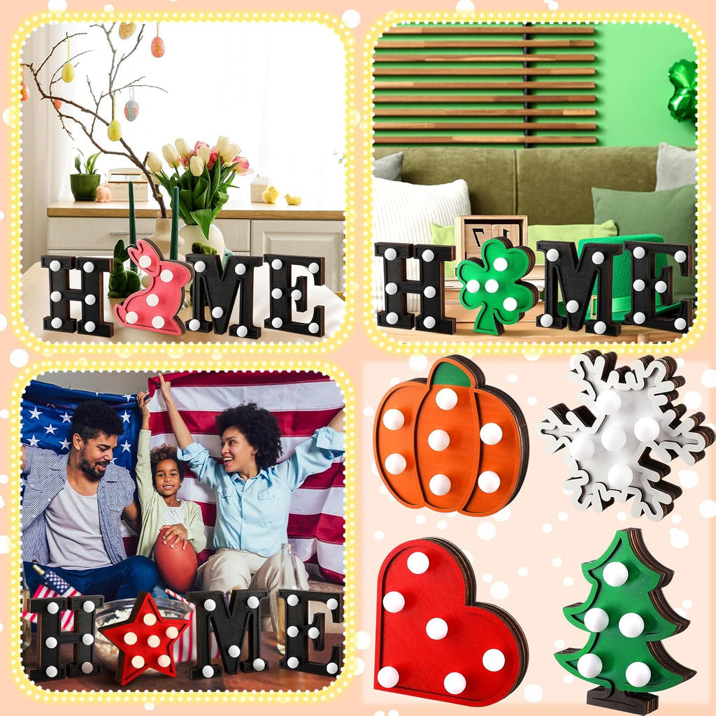 Aurelema Interchangeable Home Table Signs with 8 Pcs Seasonal Icons Wooden "home" Letter Signs with LED Marquee Light up 4th of July Table Decorations Decorative Centerpiece for Room Decoration