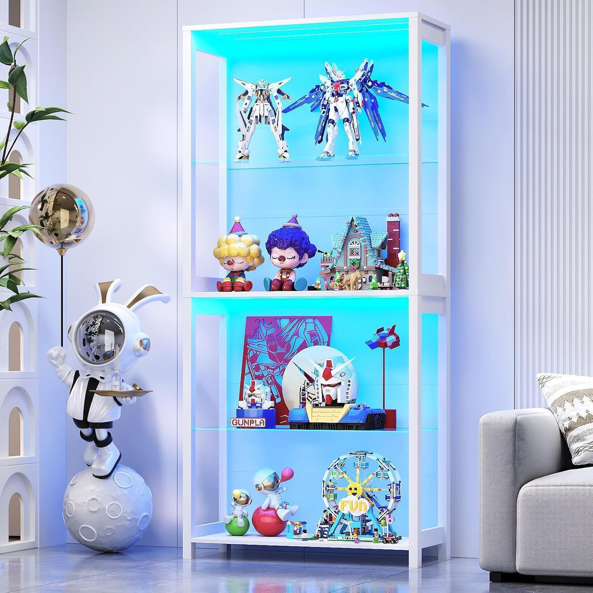 Display Cabinet with Glass Shelves, 4-Tier Display Shelf, White