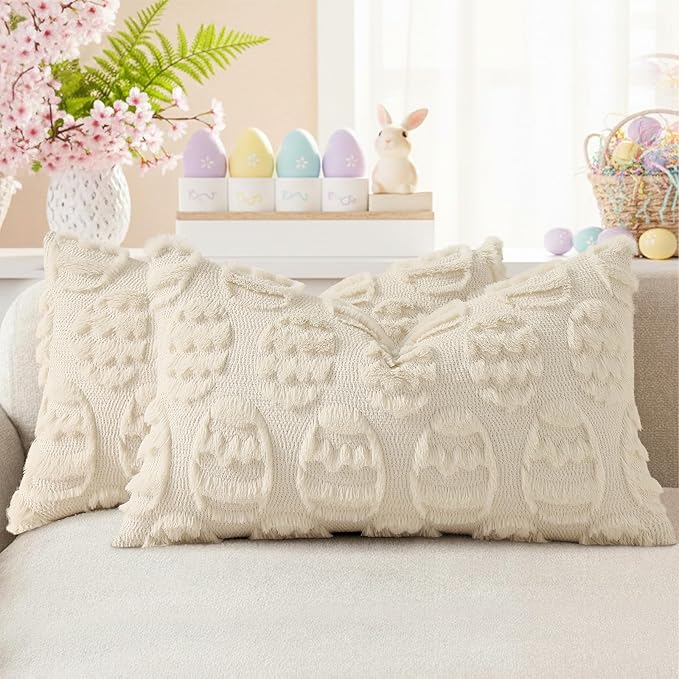 decorUhome Easter Beige Egg Pillow Covers 12x20 Inch Set of 2, Soft Plush Faux by decorUhome