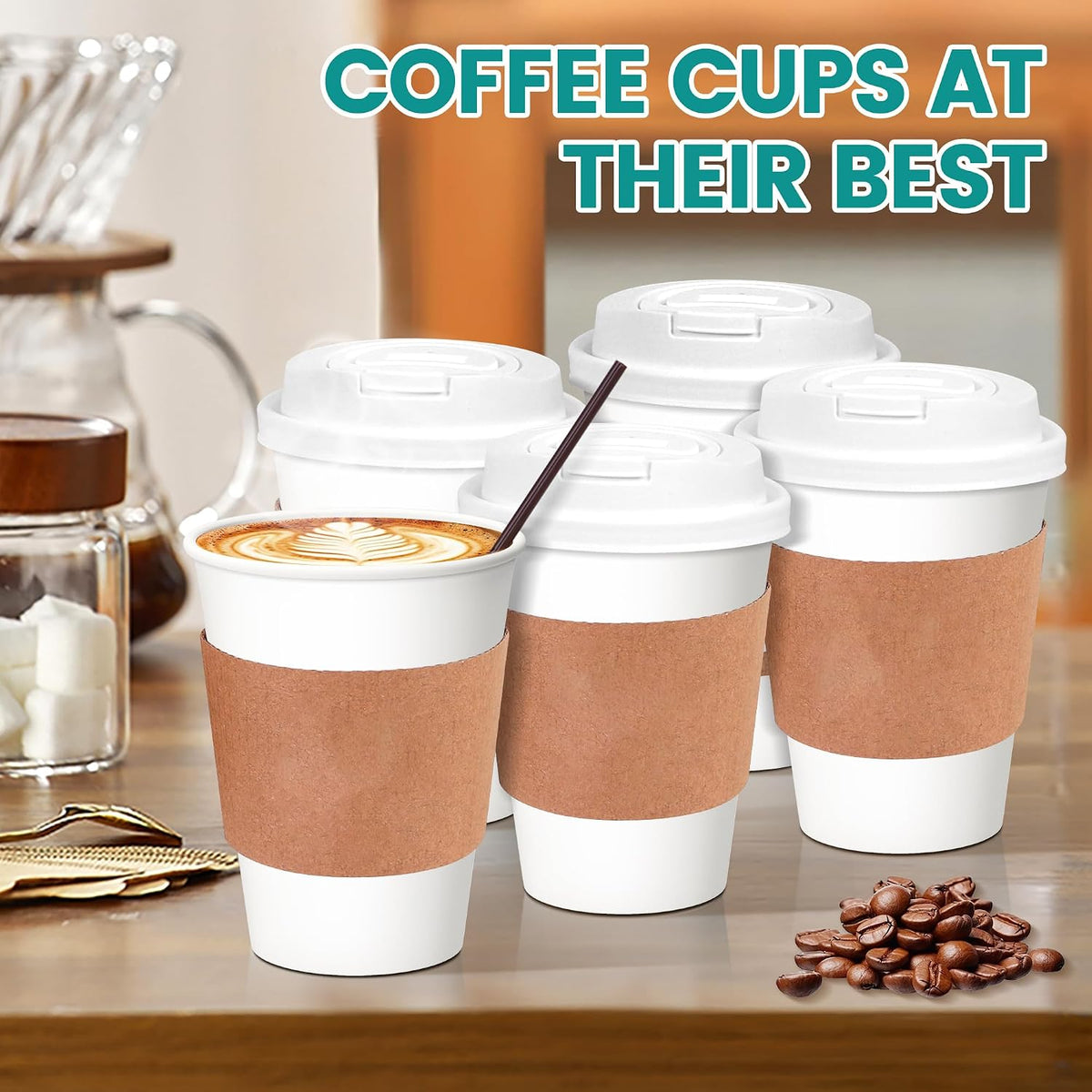 12OZ Disposable Coffee Cups with Lids and Sleeves, 50 Pack Heat Resistant and Leak-Proof To Go Cups for Party Supplies, Office, Cafe