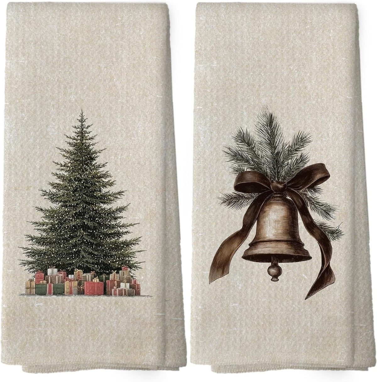 XPH Vintage Christmas Bell Tree Kitchen Dish Towels Set of 2, Christmas Kitchen Gifts, Rustic Farmhouse Winter Xmas Seasonal Hand Towels Tea Towel Decorations, 16x24inch