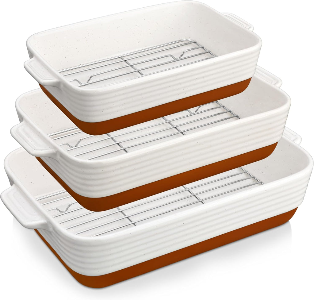 MALACASA Casserole Dishes for Oven with Roasting Racks, Ceramic Baking Dishes Set of 3, Baking Pan Casserole Dish Set, Rectangular Lasagna Pan Deep with Handles for Baking, Khaki White (14.5''/13''/10.5''), Series TARA