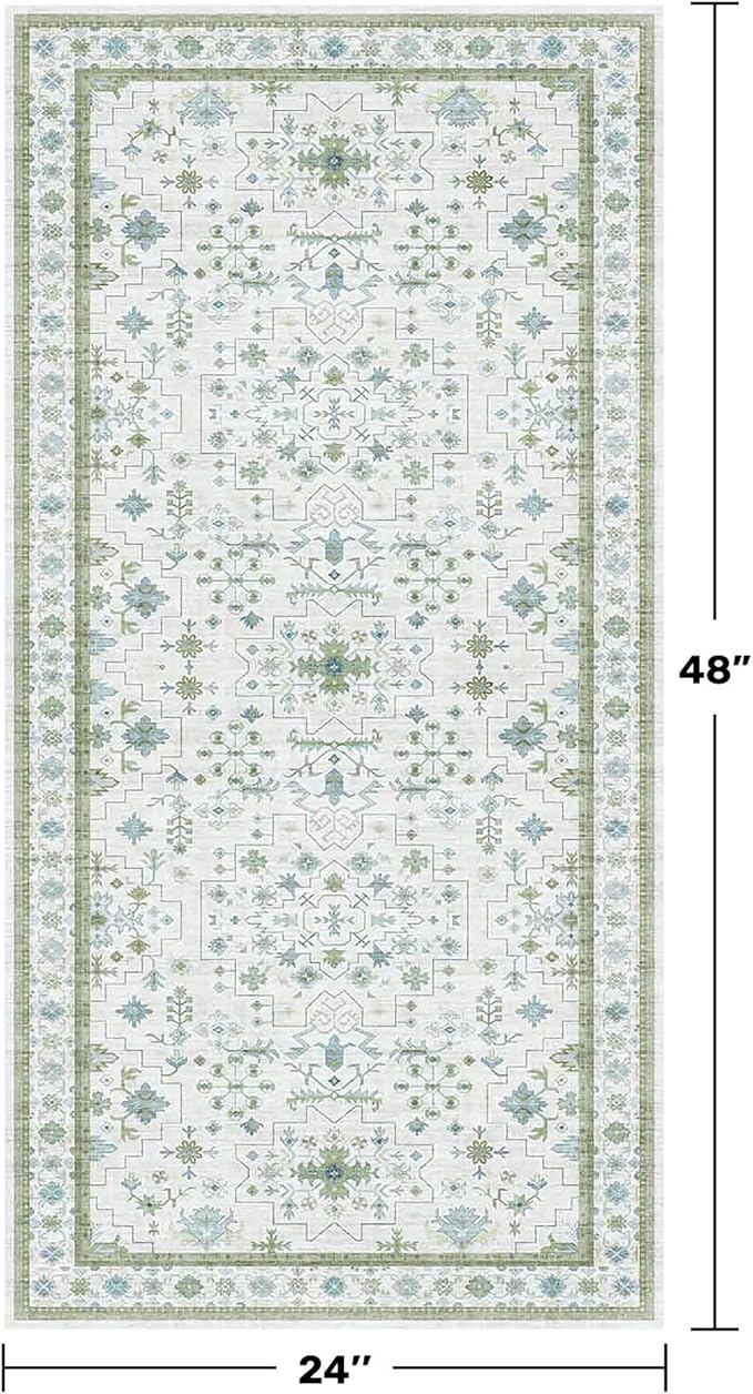 Cream Green and Blue 2x4 Boho Bathroom Rug - Image 2