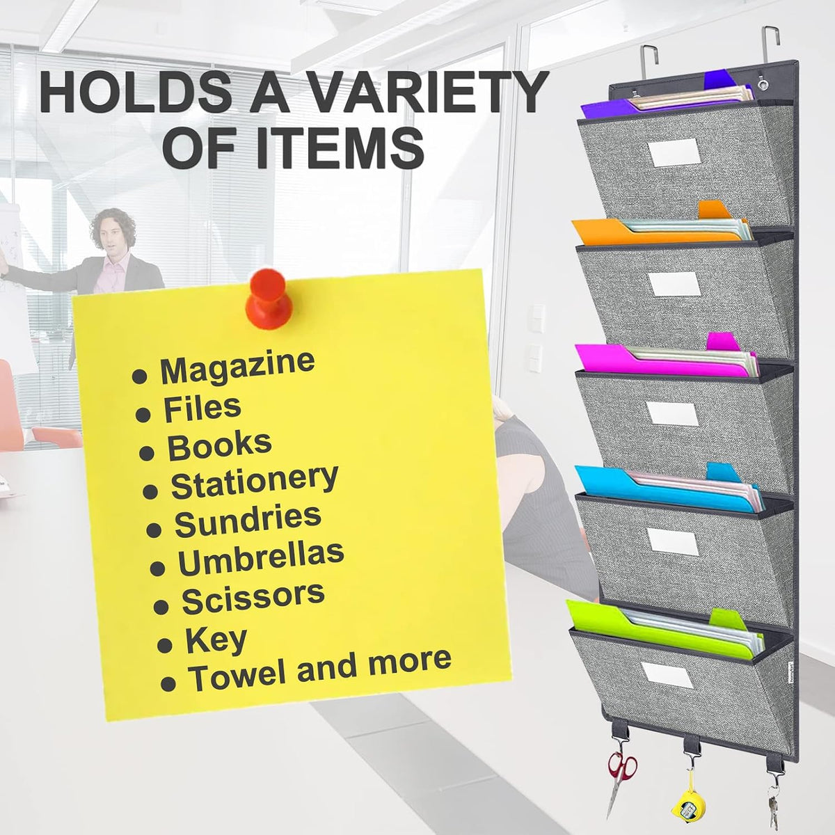 Over the Door Wall File Organizer, Hanging File Folders Organizer with 5 Large Pockets for Office and Back to School Supplies, Papers, Charts, Mails, Magazine Storage and Organization