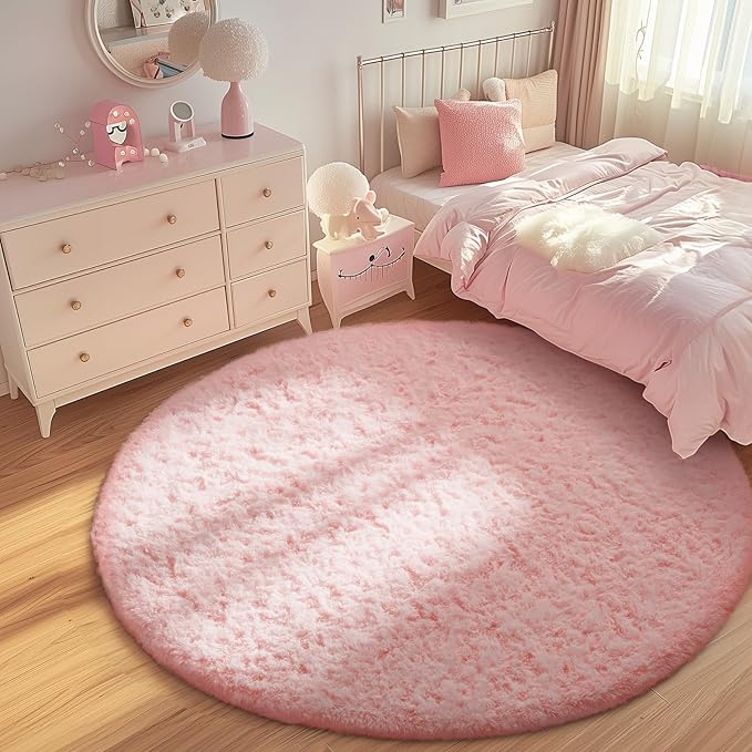 Ophanie Round Rugs 6Ft Pink Circle Area Rug, Fuzzy Bedroom Carpet, Large Shag - Image 3