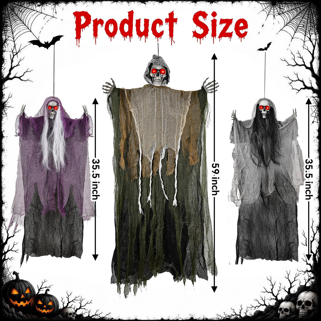 3PCS Scary Hanging Ghosts with Glowing Eyes, Light-Up Halloween Ghost Decorations, Outdoor/Indoor Decor for Graveyard, Haunted House, Yard, Patio, Lawn, Garden & Spooky Party Props