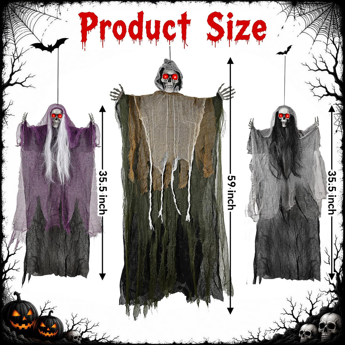 3PCS Scary Hanging Ghosts with Glowing Eyes, Light-Up Halloween Ghost Decorations, Outdoor/Indoor Decor for Graveyard, Haunted House, Yard, Patio, Lawn, Garden & Spooky Party Props