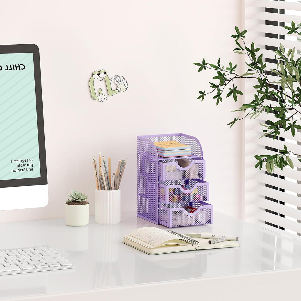 EasyPAG Mesh Desk Organizer with 3 Drawer Office Desktop Organizers and Accessories Stationery Caddy for Office, Home, Students, Purple