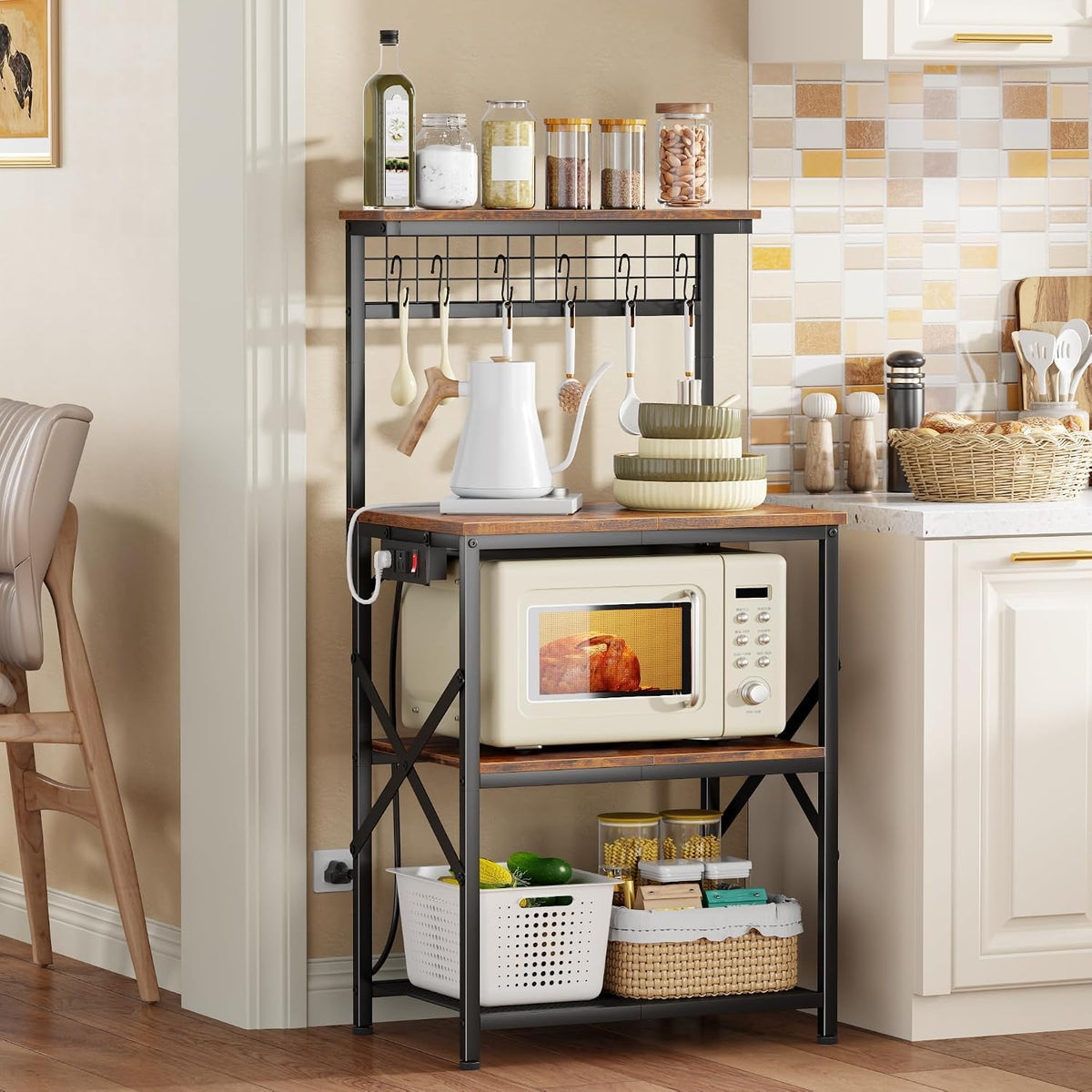 Furologee Kitchen Bakers Rack with Power Outlet, 22-Inch Microwave Stand