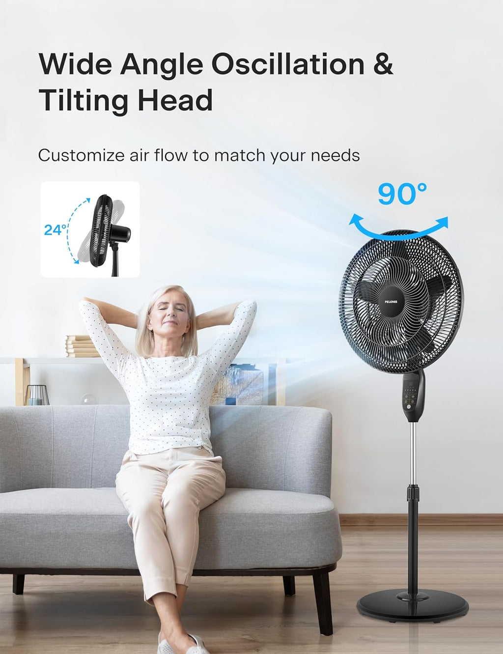 PELONIS 18" 5-Blade Adjustable Oscillating Pedestal Fan with Remote, Black