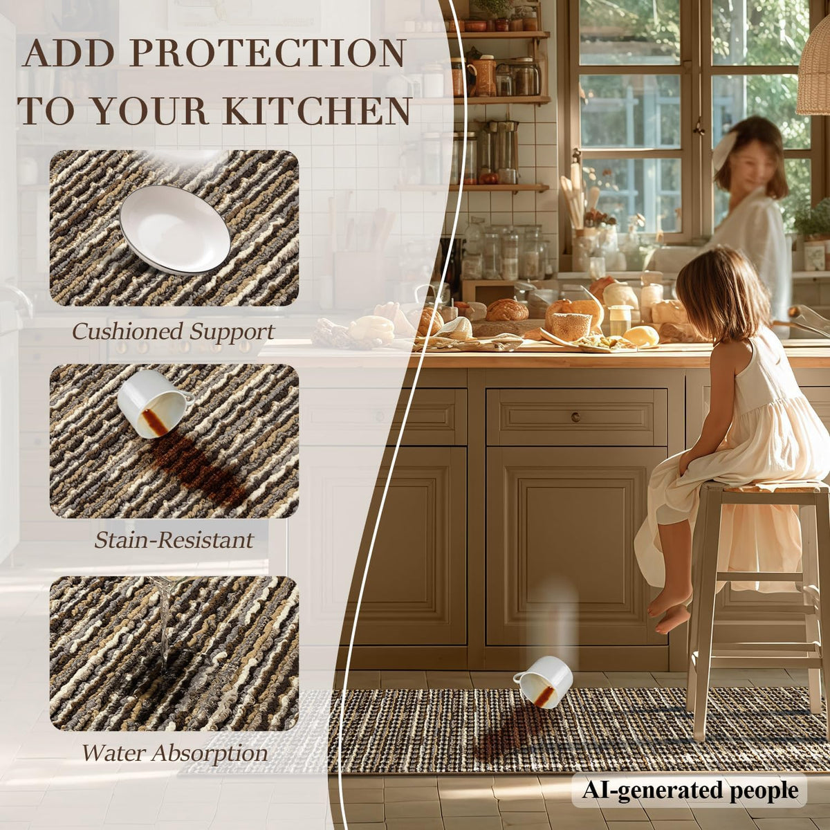 BSICPRO Kitchen Rugs Sets of 2, Non Slip Kitchen Mats for Floor, Brown
