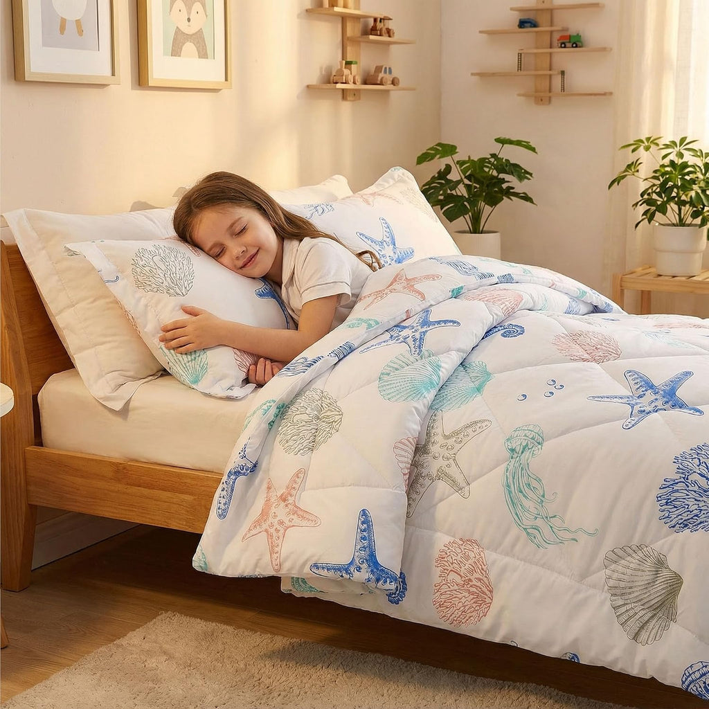 JSD Beach Theme Kids Comforter Set Twin Size, Jellyfish Starfish Shell Pattern