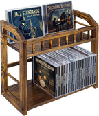 MyGift 2-Tier Solid Pine Wood CD Storage Rack – Dark Burnt Finish Desktop Organizer for 48 CDs, Rustic Space-Saving Media Display Shelf for Home and Office