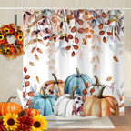 Fall Pumpkin Leaves Shower Curtain, Cute Autumn Harvest Thanksgiving Yellow Boho Watercolor Eucalyptus Leaves Fabric Shower Curtains Set for Bathroom Decorative with Hooks 72 X 72 Inch Bath Decor