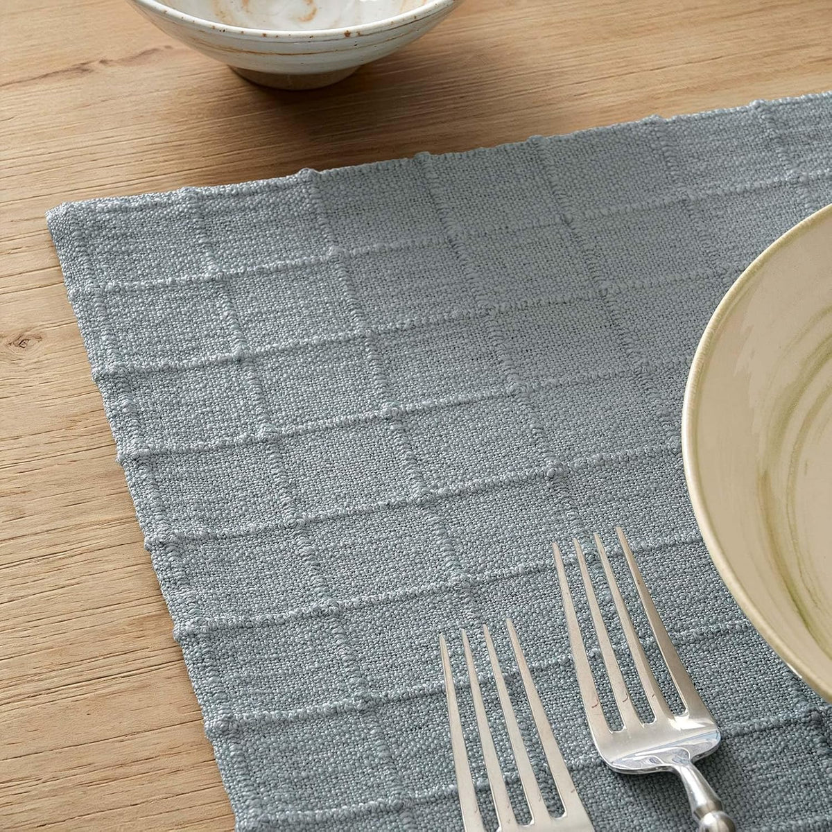 ZeeMart Artisanal Grid Decorative Linen Placemats Set of 6, Chambray
