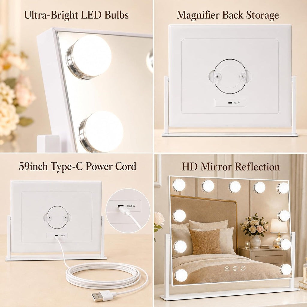 ROLOVE 16 x 12.9 in Hollywood Vanity Mirror with Lights, Tabletop Lighted Makeup Mirror, 11 Dimmable LED Bulbs, 3 Color Lights, Detachable 10X Magnifying Mirror, White, for Desk, Bedroom & Dorm