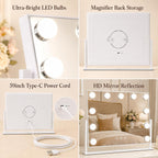 ROLOVE 16 x 12.9 in Hollywood Vanity Mirror with Lights, Tabletop Lighted Makeup Mirror, 11 Dimmable LED Bulbs, 3 Color Lights, Detachable 10X Magnifying Mirror, White, for Desk, Bedroom & Dorm