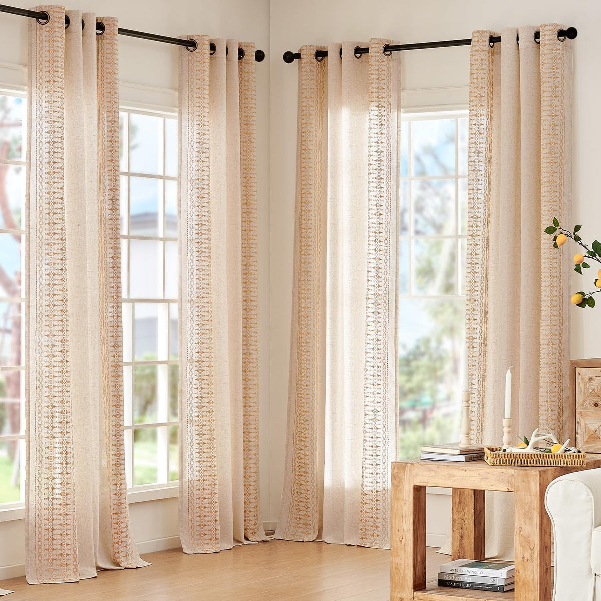 jinchan Boho Curtains for Bedroom Linen Blend Boho Curtains 96 Inches Long 2 Panels Farmhouse Embroidered Drapes for Living Room Drapes Light Filtering Grommet Window Traetments Gold on Beige