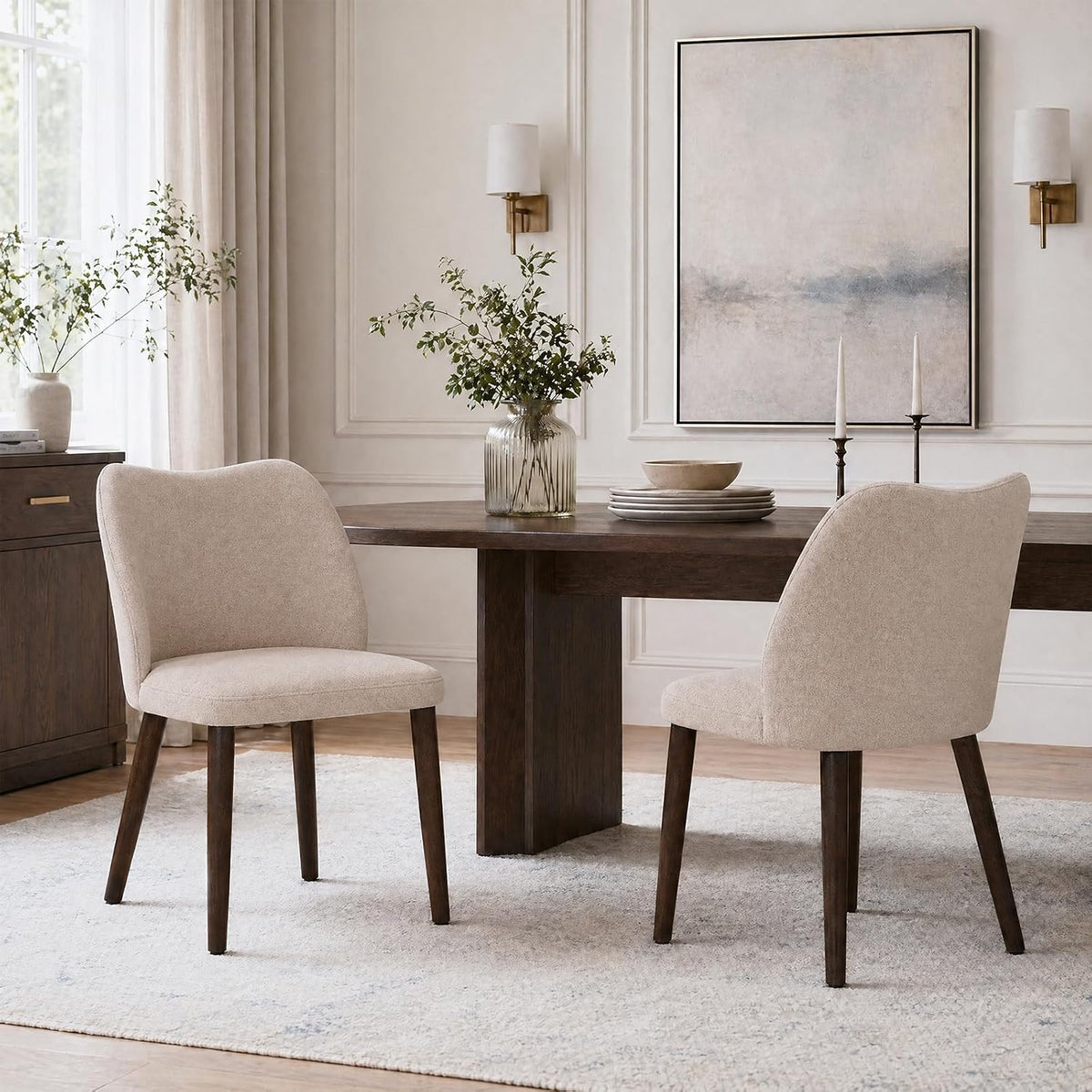 COLAMY Upholstered Dining Chairs Set of 4, Modern Kitchen & Dining Room Chairs with Curved Back, Fabric Padded Seat and Solid Wood Legs, Side Chairs for Restaurant, Cafe & Home, Beige