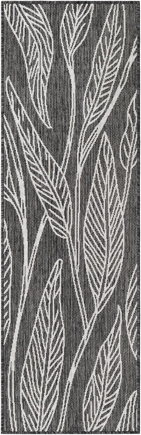 Unique Loom Outdoor Botanical Collection Area Rug - Leaf (2' x 6' 1" Runner, Ivory Charcoal)
