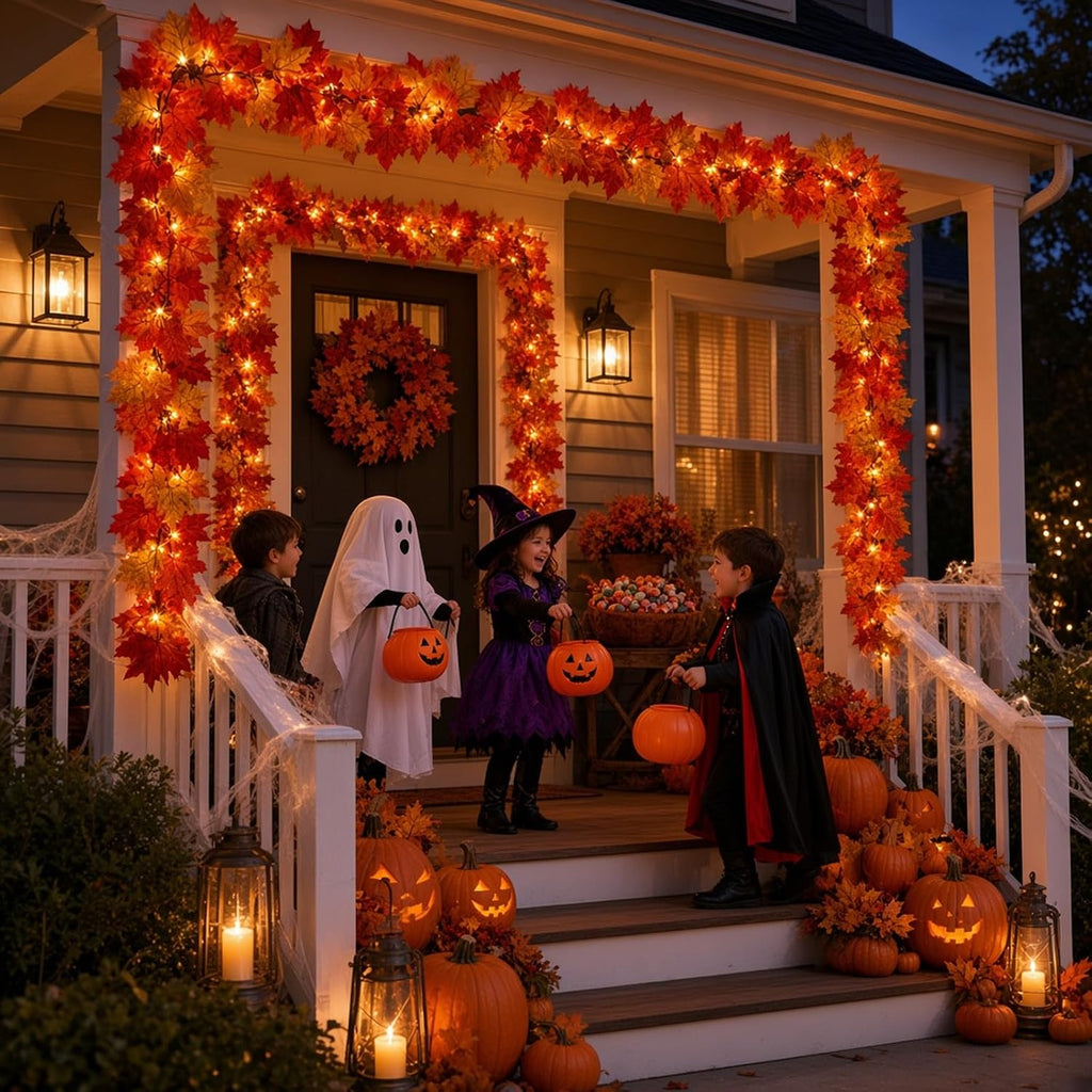 Fall Decorations for Home 9FT Fall Garland with Lights Plug in UL Listed 50 Orange Incandescent Bulbs, Connectable Fall Lights for Indoor Outdoor Halloween Harvest Thanksgivings Holiday Decorations